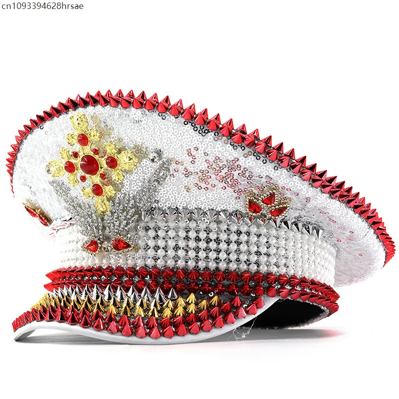 Steampunk Captain Hat Rivet Sequin Masquerade Festive Performances Unisex Adult Military Cap Rhinestone Festival Halloween Hat