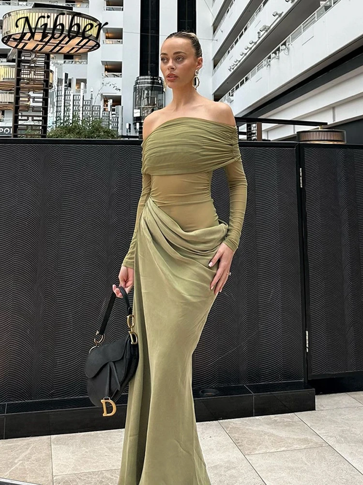 Nibber Sexy Dress Women 2025 Spring Patchwork Mesh Elegant Slash Neck Ruched Fit Chic Birthday Party Festival Vacation Vestidos