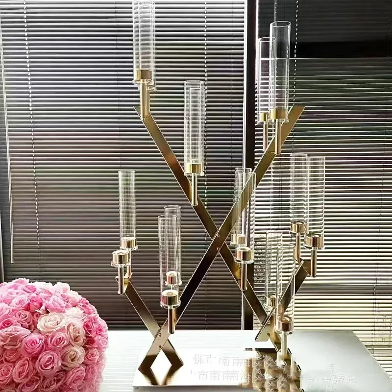 10 Stück 14-armige goldene Metall-Kandelaber-Tischdekorationen mit Glasschirmen, hohe Kerzenhalter für Hochzeiten, Events und Partys – Detail 2