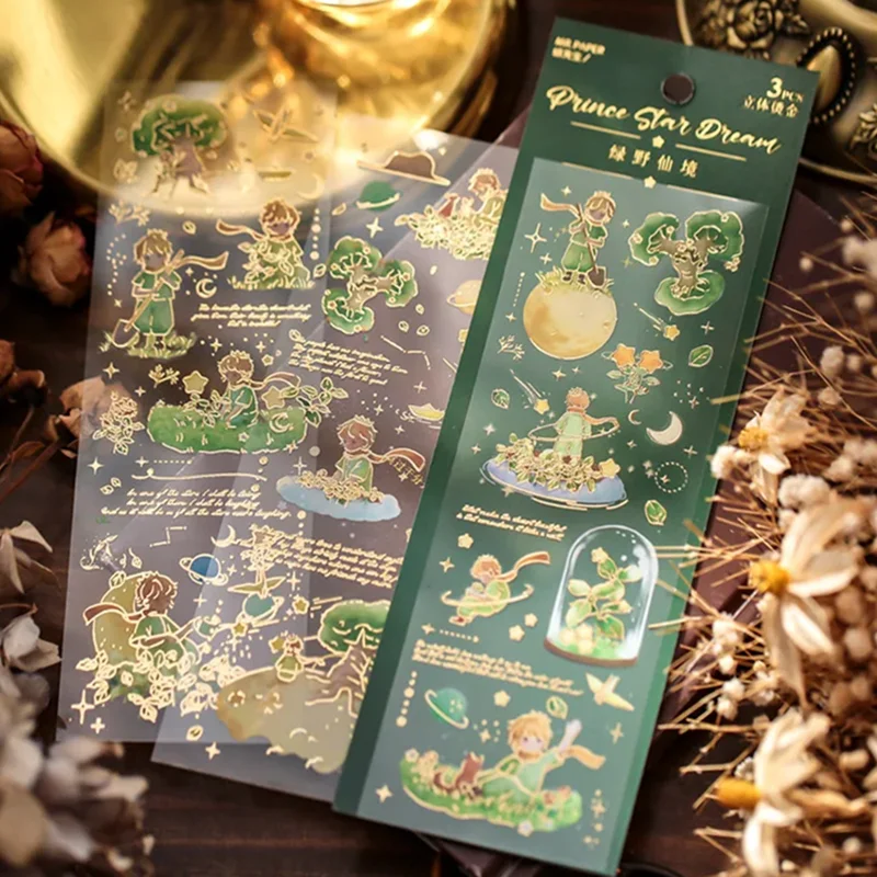 3 Sheet Foil 3D Rose Stickers Prince Kawaii Scrapbooking Collage Material Journal Cute Fox Planner Aesthetic Craft Stickers