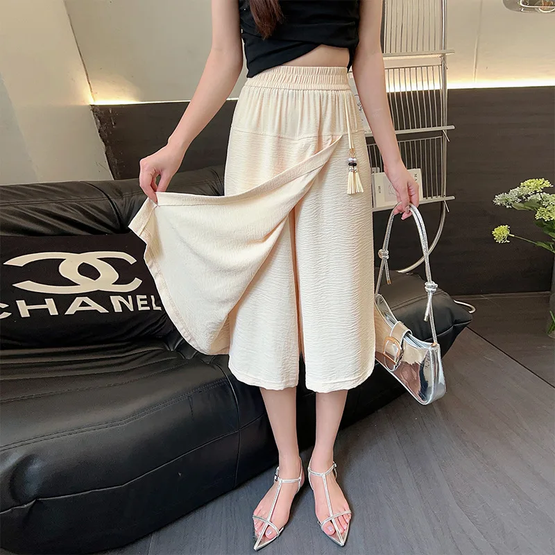 Chiffon Straight Losse Wide Bright Line Decoration Leg Pants Women Clothes Summer High Waisted Casual Trouser Solid Elegant New