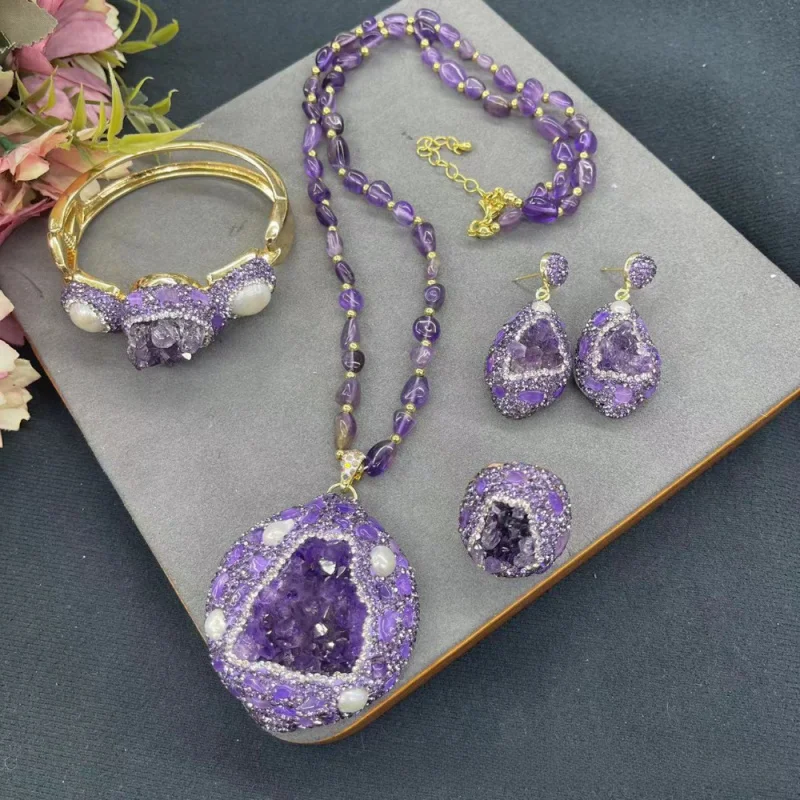 

Natural Irregular Amethyst Original Necklace Women's Jewelry Suit Noble Luxury Wedding Dress Exquisite Accessories