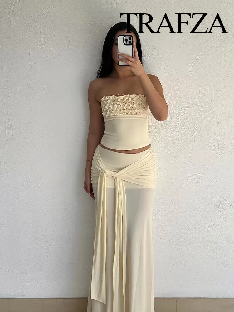 

TRAFZA Women Summer Fashion Sexy Sleeveless Backless Side Zipper Wrinkles Design Short Top+Elegant High Waist Long Skirt Suit