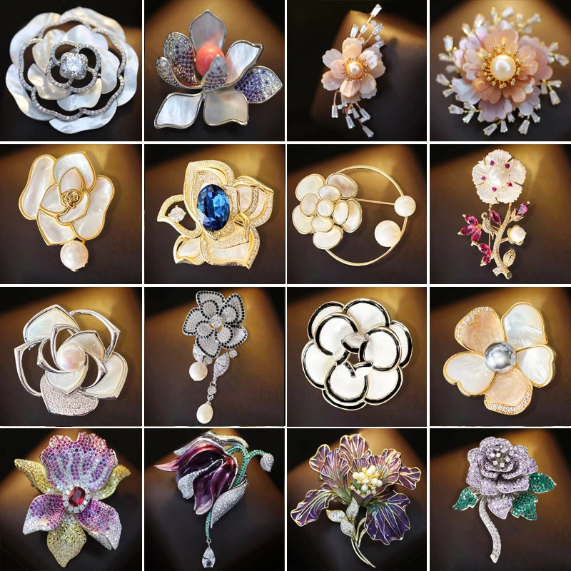 OKILY Exquisite Natural Shell Camellia Brooches Pins Delicate Zircon Rose Peony Broche for Women's Clothing Corsage Decoration