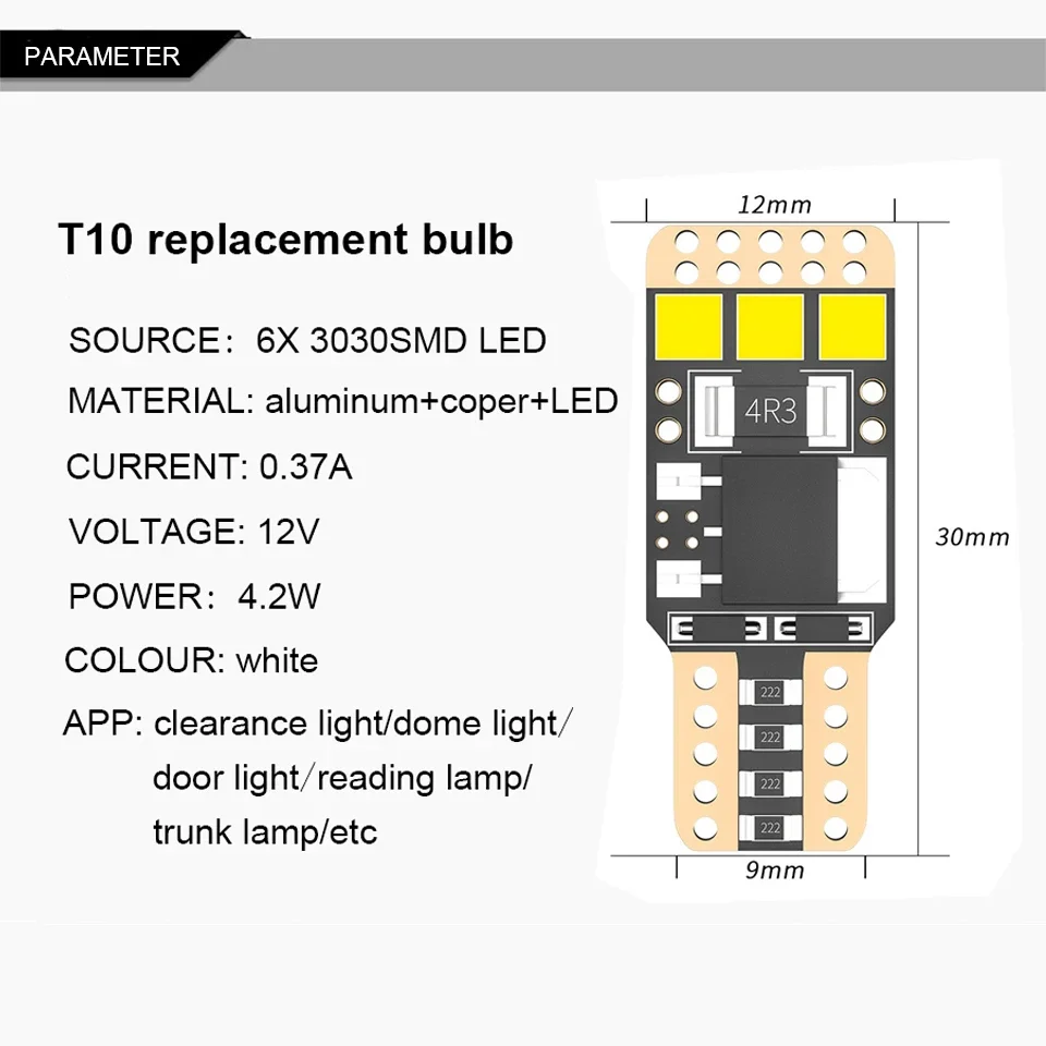 2x 500lm Super Bright T10 W5W Led Bulbs 6 Chip 3030 Smd No Error Canbus Back Light Wedge Parking Trunk Reading Dome Lamp White