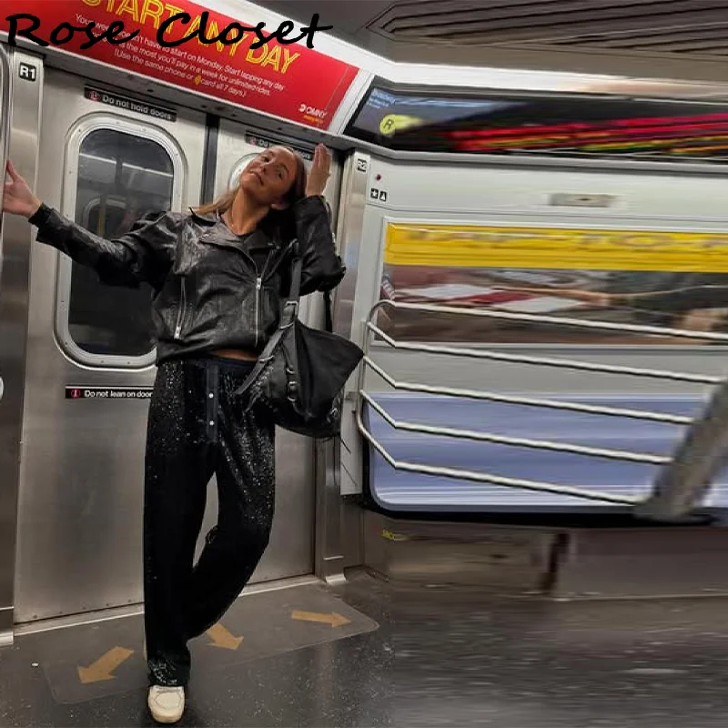 ساطع الترتر سراويل نسائية بريق المرقعة مستقيم الساق بنطلون عادية مرونة الخصر التخسيس بانت طويل 2025 سيدة جديدة بانت #5