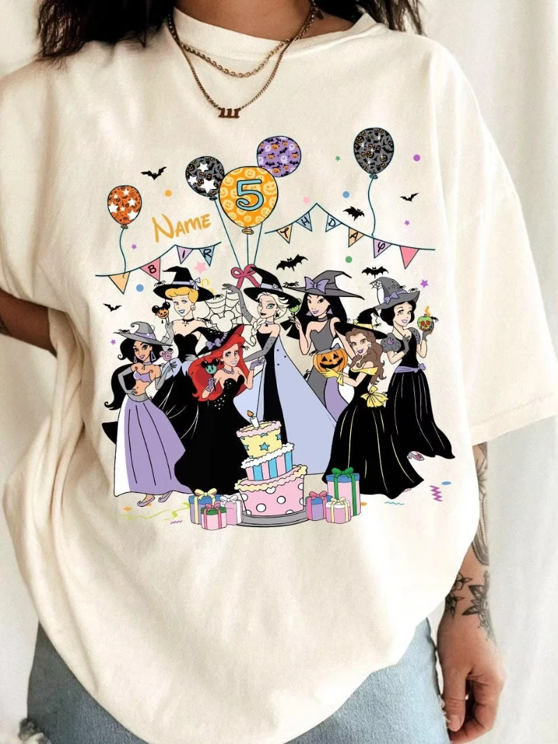 قميص عيد ميلاد أميرات ديزني للهالوين، هدية عيد ميلاد آرييل إل سارة بونزيل بيل، تي شيرت نسائي #2