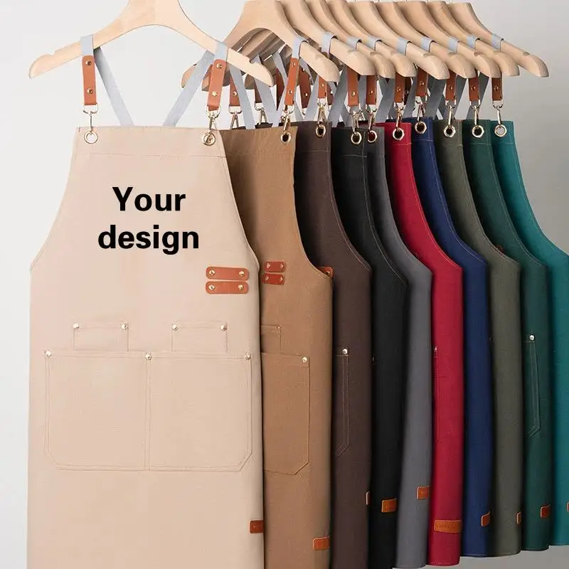 Waterproof Canvas Apron Custom Logo Printing Catering Specialty Barista Milk Tea Shop Nail Art Kitchen Work Clothes Women