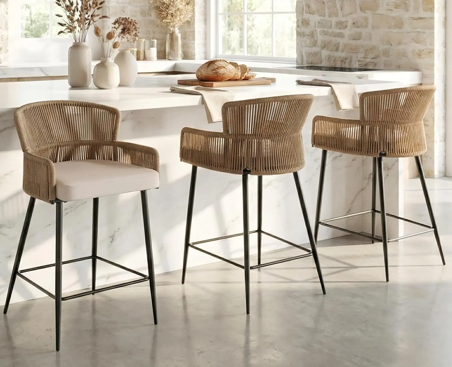 Farmhouse Woven Bar Stools Set of 3, 26 Inch Linen Upholstered Rattan Barstools with Curved Backs, Modern Cane, Customized