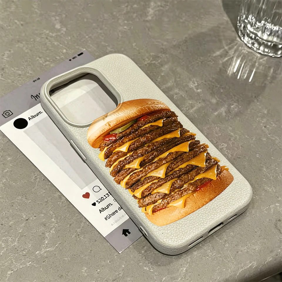 Funda con patrón de hamburguesa para iPhone 17 14 Pro Max 12 Plus 13 11 15 16 17E 16E transparente de alta dureza a prueba de golpes 6