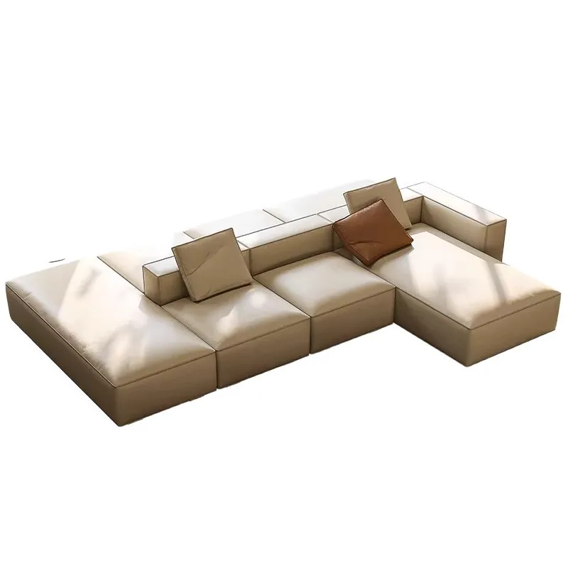 Italienisches minimalistisches Tofu-Block-Ledersofa, modernes großes, flaches Wohnzimmer, quadratische Kombination