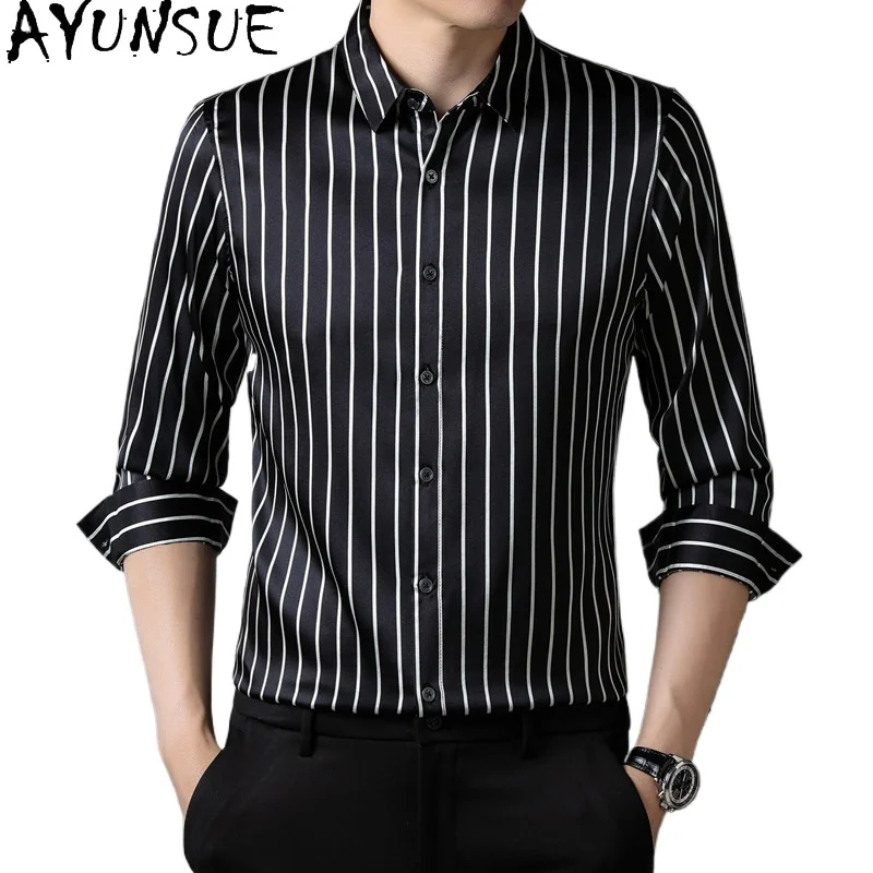 AYUNSUE New 93% Real Mulberry Silk Shirts for Men Spring Summer 2026 High Quality Satin Tops Fashion Striped Shirt Man Clothing