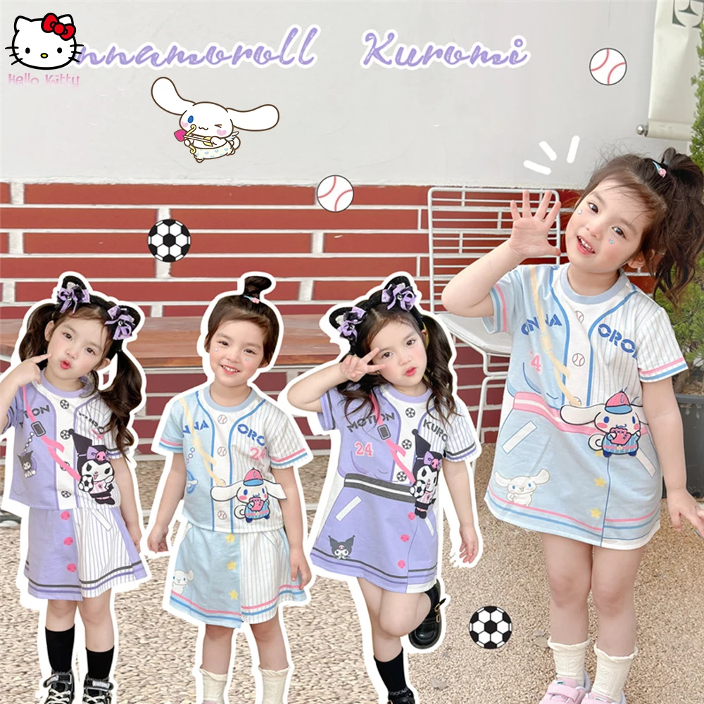 Children's Dress Short Sleeve Cartoon Sanrios Kuromi Cinnamoroll Kawaii Cute Anime T-Shirt Skirt Summer Girl Casual Fashion Set