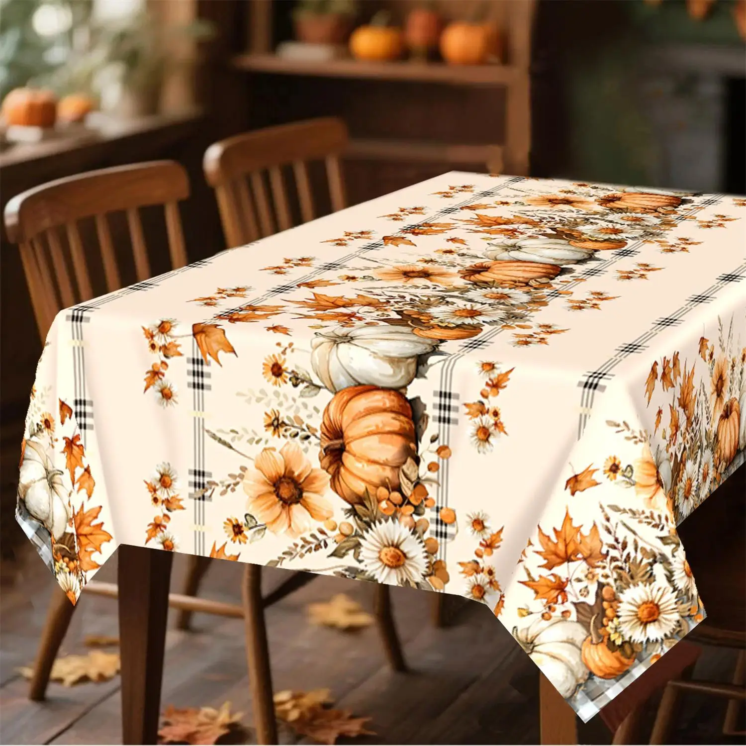 Autumn Pumpkins Plaid Tablecloth for Table Decor Fall Harvest Maple Leaves Floral Kitchen Dining Table Cloth Thanksgiving Decor