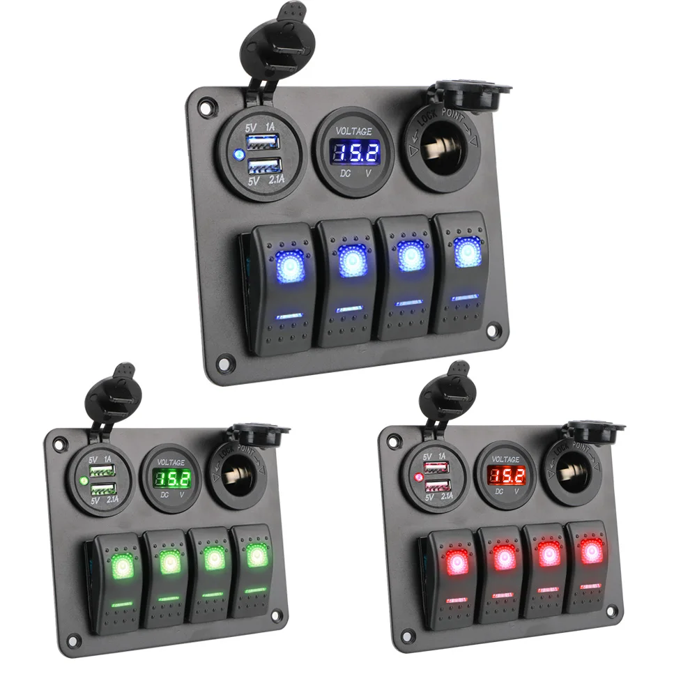 Aluminum Panel Circuit Breaker Waterproof DC 12V/24V 4 Gang Digital Voltmeter LED Rocker Switch Panel Dual USB Port