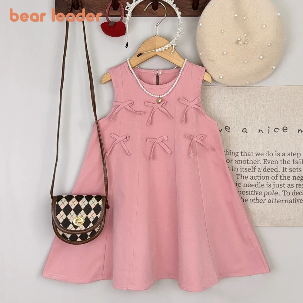 Pink Bow Decoration Sleeveless Dresses Summer Fashion Casual Girls Dress Sweet and Cute Children's Clothing for 3-7 Years Old