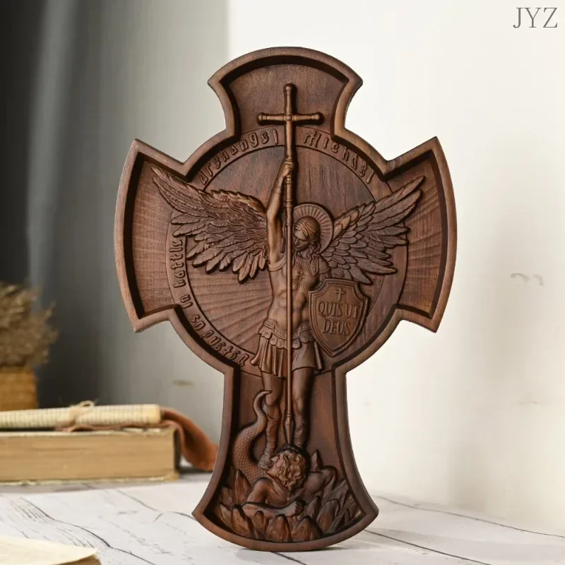 Religious Figure Cross Wooden Saint Michael Archangel Statue Patron Saint, Home Wall Decor Gift