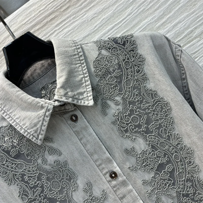 Women\'s blouse 2024 autumn New embroidered hollow out long sleeved top 100% cotton Lace applique denim shirt y2k Women\'s shirt