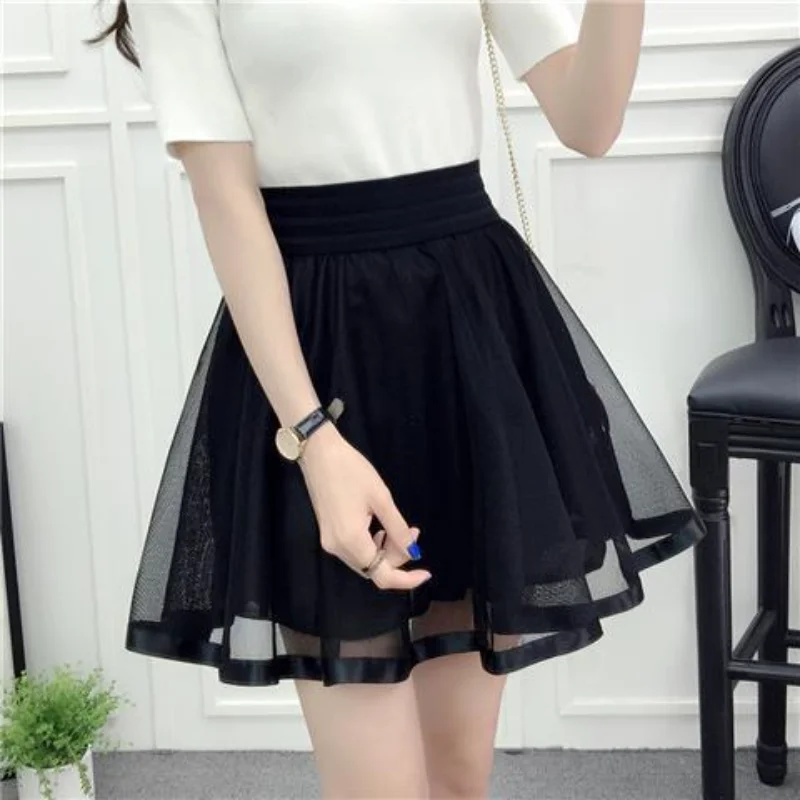 Mini Skirts Women Gauze Baggy Black Summer All-match Elastic Waist A-line Korean Fashion Streetwear Designer Юбка Женская Temper