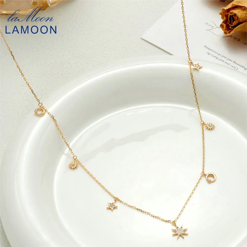 

LAMOON Vintage Moon Star Sun Dainty Collarbone Zircon Necklace For Women Luxury Exquisite S925 Silver Gold Vermeil Fine Jewelry
