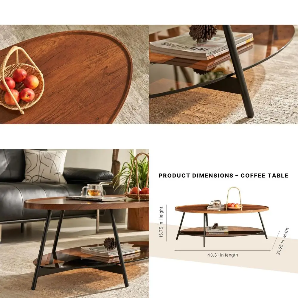 

Walnut Top Glass Coffee Table, 43.3 Diameter x 21.6 Width x 15.7 Height, Brown Glass Base & Black Metal Edges