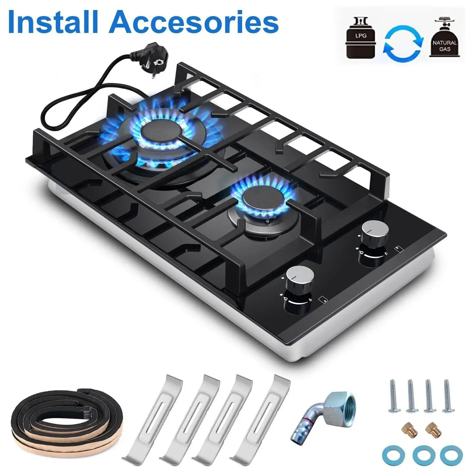 TopStrong 2 Burners 30cm Kitchen Built in Tempered Glass NG/LPG Dual Fuel Gas Hob UKGCT-B02