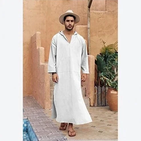 Comfortable Casual Long Hooded Robe for Men Simple Style Outerwear Spring Season Canvas Material Chinese Ethnic Clothing