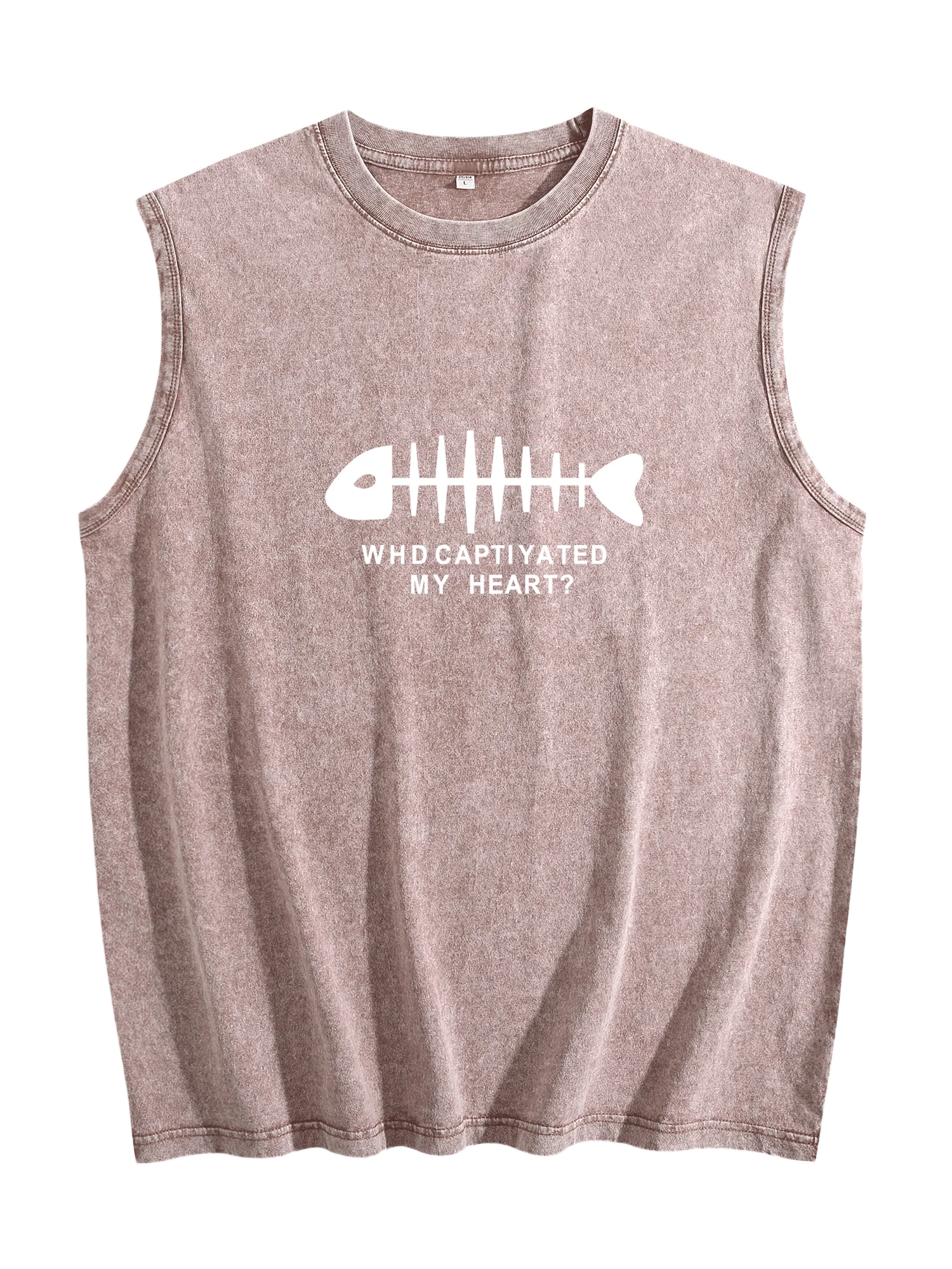 

Mens Sleeveless Tank Top With Fishbone Graphic Print Vintage Washed Cotton