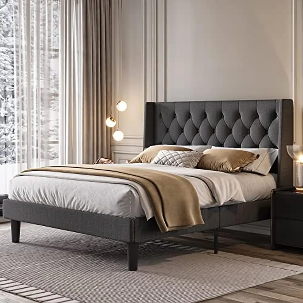 

Queen Upholstered Bed Frame Wingback Button Tufted Design Dark Grey High-Density Sponge Slat Construction Easy Assembly 1000lbs