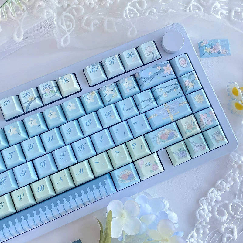 Garden Movement Keycap Cherry Profile Thermal Sublimation PBT Romantic Flower Keyboard Caps Creative Piano Key Blue Keycaps