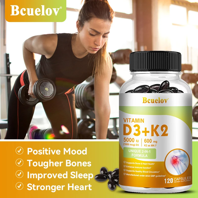 Bcuelov Vitamin D3+K2, 5000 IU Vitamin D3, non-GMO formula, easy-to-swallow vitamin D and K complex dietary supplement