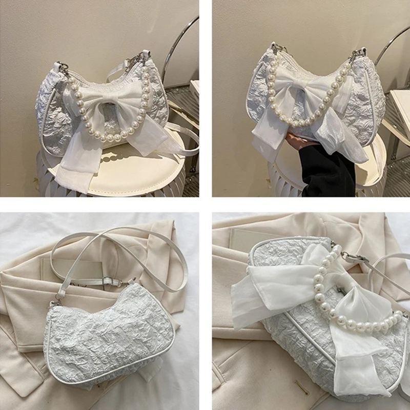 White Folds Pearl Female Bag Retro Luxury Designer Handbag Bow Crossbody Bags Fashion Y2K Vintage Women's Shoulder Bag Purses view 6