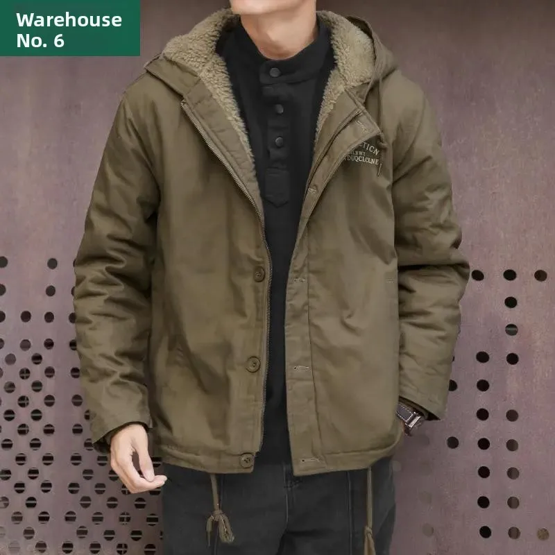 

Lamb Velvet Jaet Men's ort Loose Warmth Hooded Workwear Cotton Winter Fce Lined Thiened Cotton Coat Zipper Closure