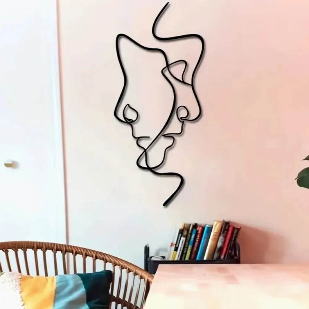 1pc Aluminum Abstract Face Wall Art - Modern Minimalist Metal Decal for Bedroom Decor