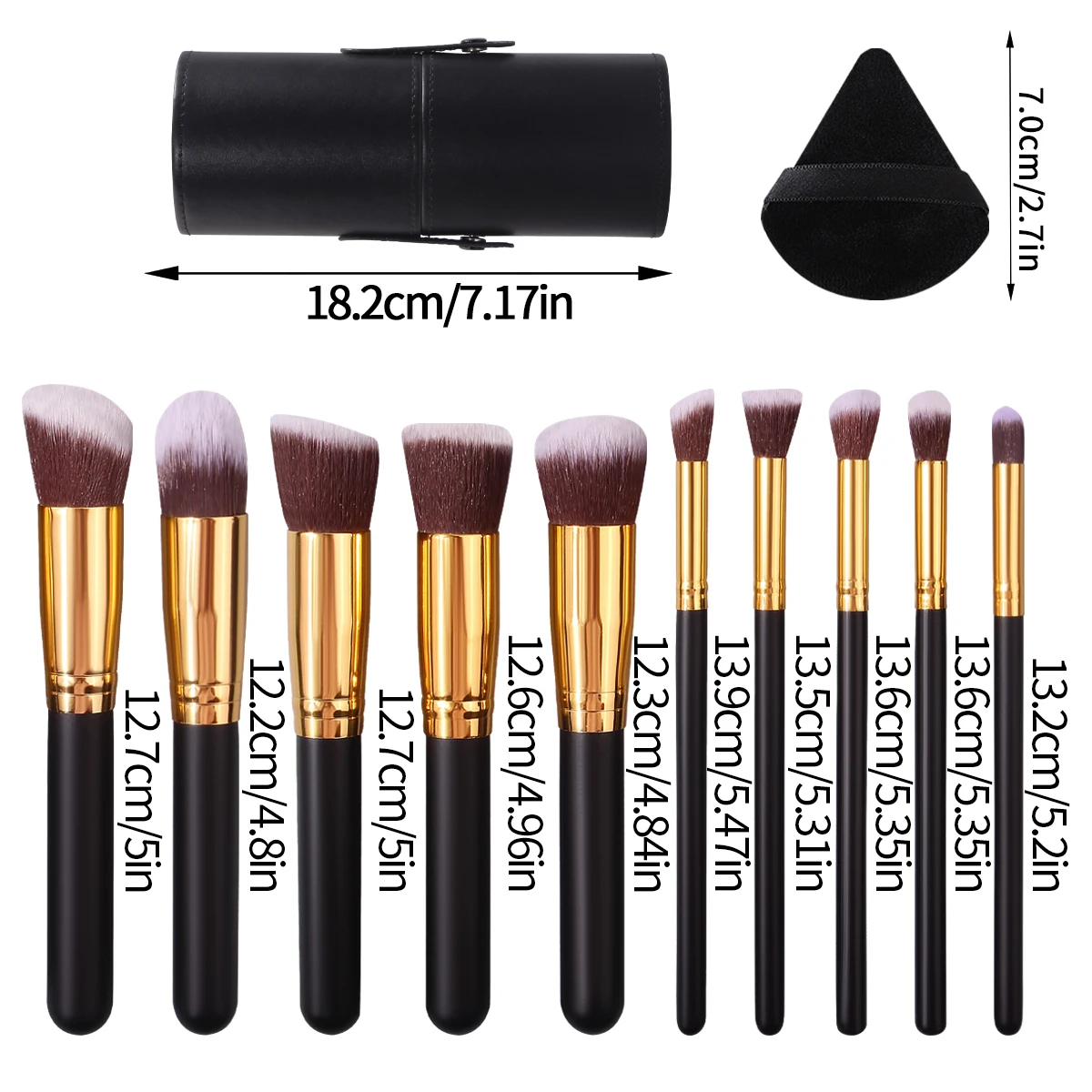 The 13PCS makeup brush set includes a facial makeup brush, a triangular powder puff, and a storage bucket for beauty tools
