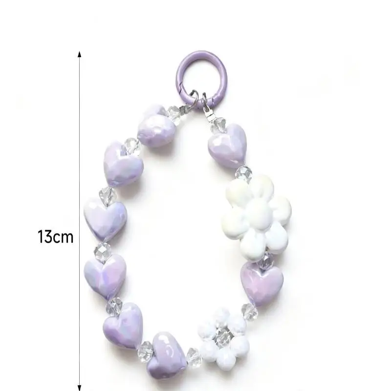 Kurzes Handgelenkseil mit buntem Blumenkettenanhänger, Anti-Verlust-Schutz, süßes Handy-Lanyard mit Blumen- und Herzperlen. – Detail 8