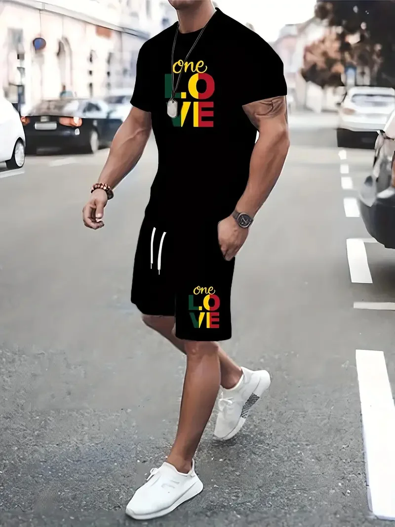 Camiseta con patrón de letras One Love para hombre, camiseta de manga corta, camisa deportiva de verano, moda de ocio, Fitness, correr, conjunto de