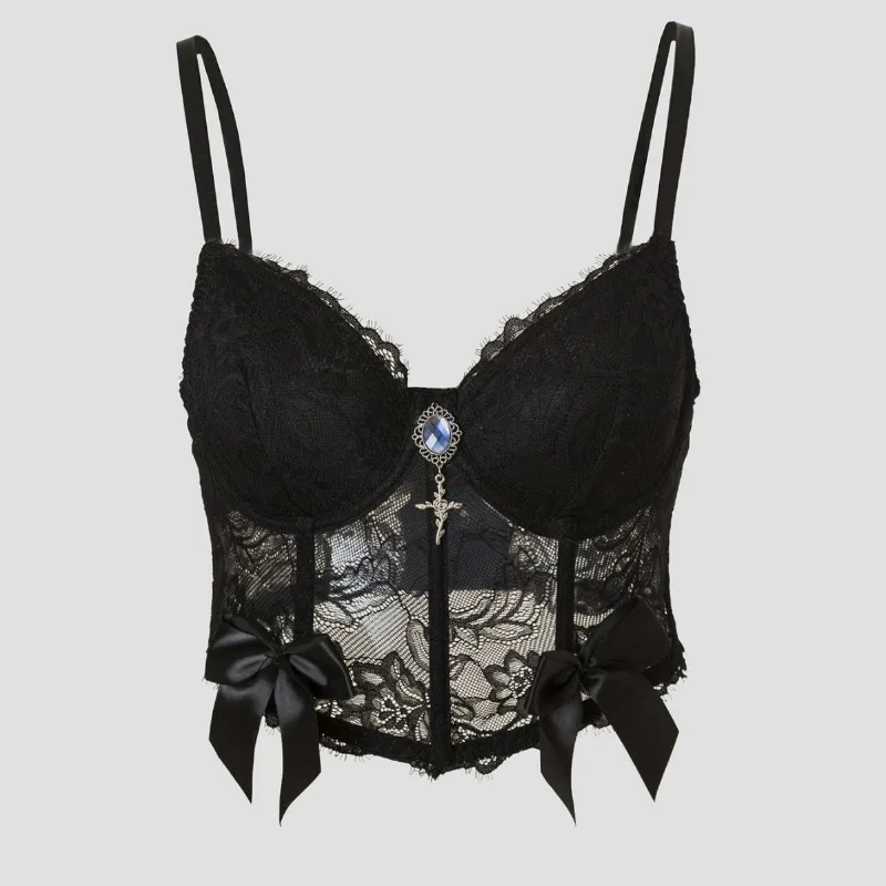 

Cross-border dark hottie pure lace suspender vest gem decoration inside and outside tight fishbone bra
