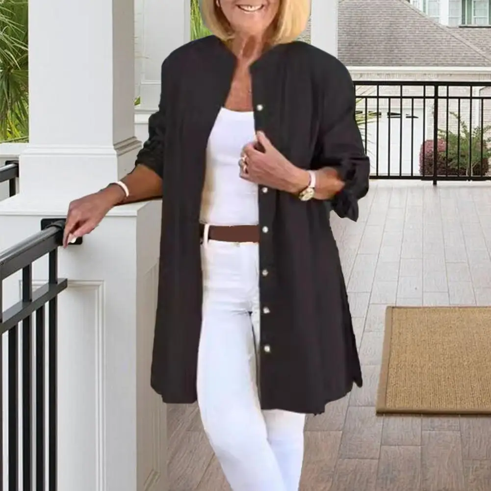 

Women Shirt Tops Solid Color Mid-length Shirt Stand Collar Long Sleeve Lace-up Cuffs Buttons Placket Shirt