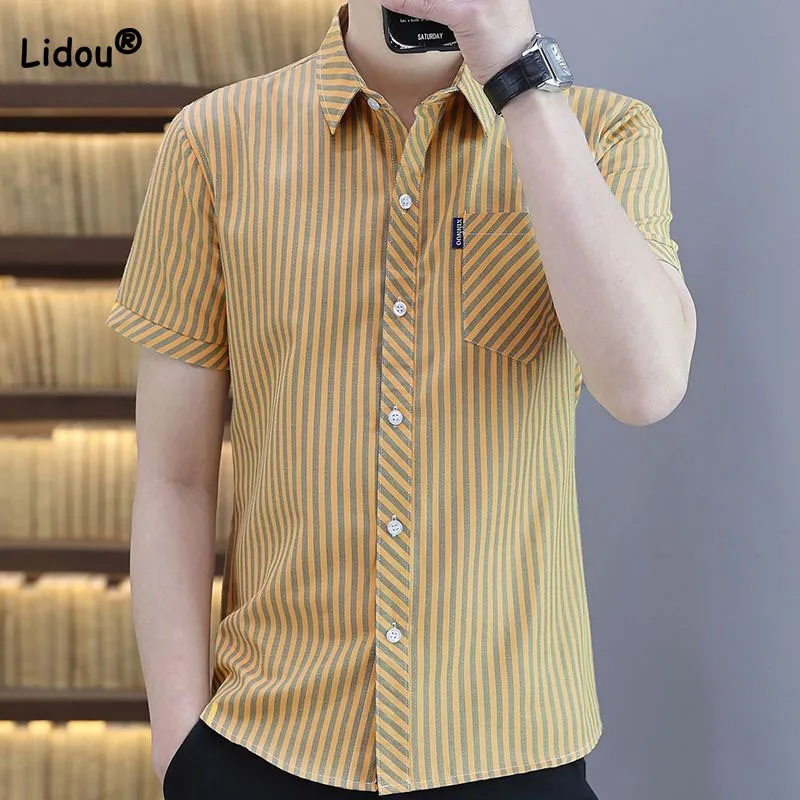 Fashion Men\'s Casual Striped Printed Button Shirt Trend Fashionable Short Sleeve Turn-down Collar Shirts Summer Male Clothes