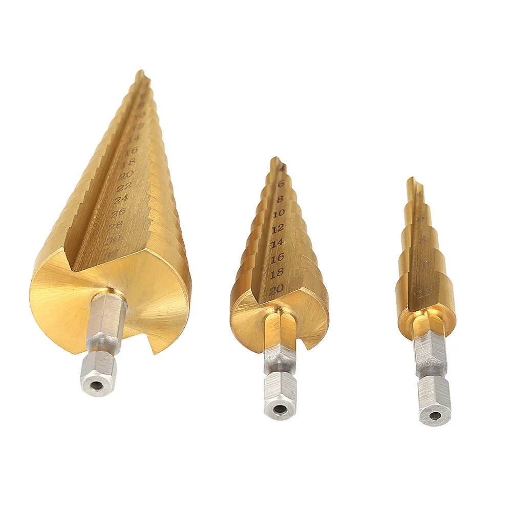5 pz 4-12mm 4-20mm 4-32mm HSS punta da trapano a gradino con scanalatura diritta in titanio rivestito in titanio legno metallo foro Cutter nucleo cono strumenti di perforazione Set