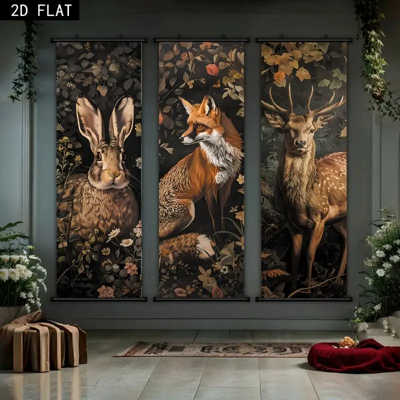 VIKAMA Woodland Creature Wall Tapestry Bunny Fox Deer Botanical Dark Moody Scroll Art Home Decor Cozy Room Soft Durable Gift