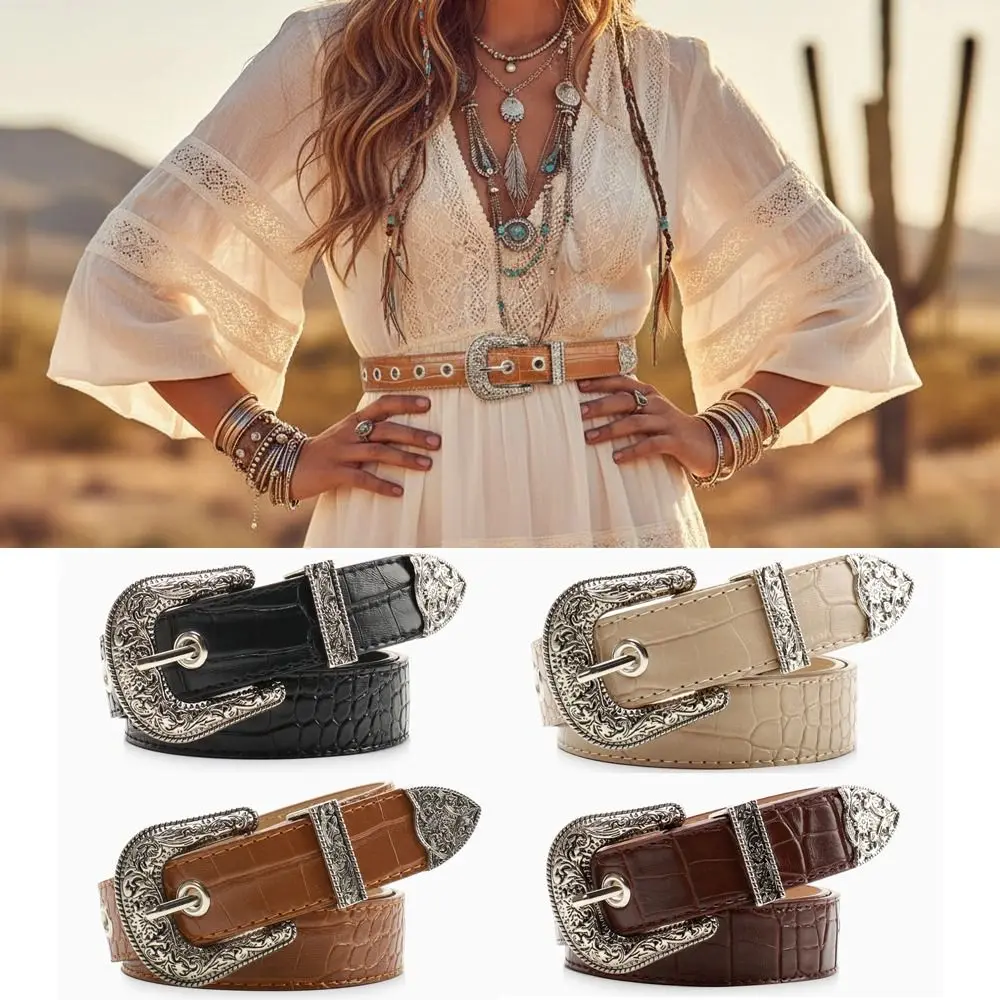 Fashion Pin Buckle Carved Buckle Belt Girdle Hip Hop PU Leather Belt Y2k Vintage Embossed Belt