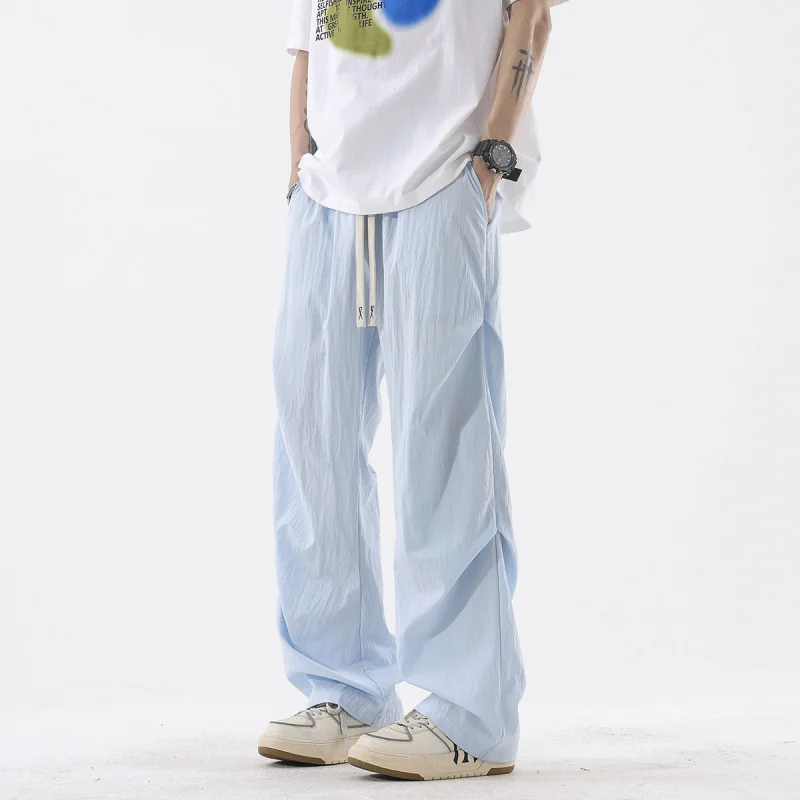 

Брюки-парашюты из ледяного шелка с эффектом драпировки, прямого кроя, летние 2026, повседневные, из полиэфирного волокна, нейтральные, со средней посадкой, укороченные