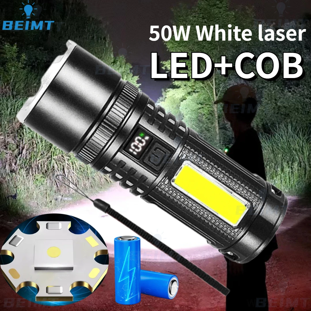 

50W LED+COB Most Powerful Led Flashlight High Power Rechargeable Led Flashlight Ultra Powerful Tactical LCD Lantern FLSTAR FIRE