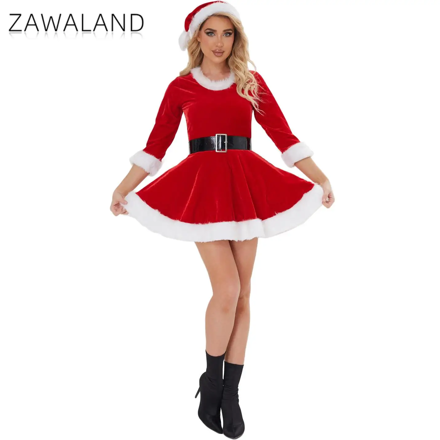 

Zawaland Xmas Red Dress Cosplay Costume Women New Year Clothing Holiday Party Role Play Santa Claus Christmas Dress Up