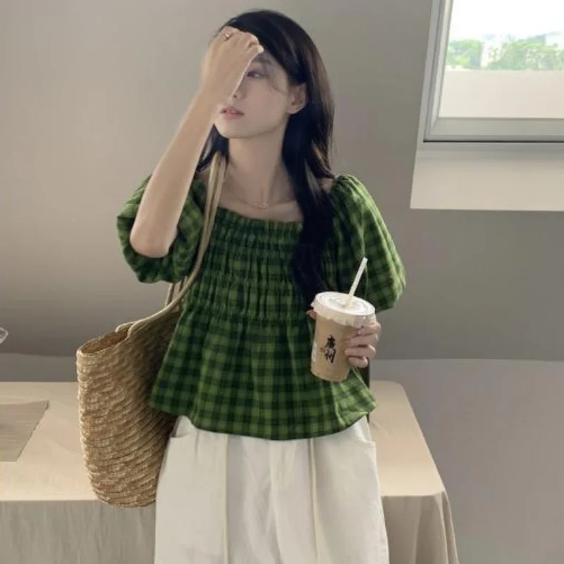 Green Plaid Blouses Women Puff Sleeve Sweet Loose Vintage Summer New Folds Korean Style Female Temperament Casual Aesthetic Ins - Image 5