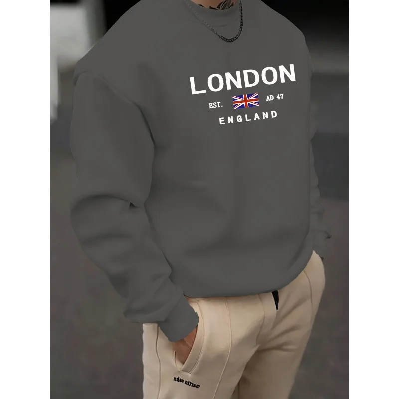 Men's Autumn Winter Heavyweight Soft London Flag Graphic Sweatshirt Multi Color Basic Long Sleeve Top