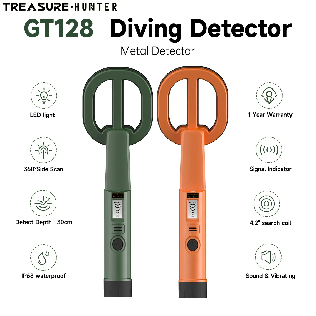 Treasure Hunter GT128 IP68 Fully Waterproof Outdoor Archaeological Instrument Handheld Diving Metal Detector Underwater Scanner