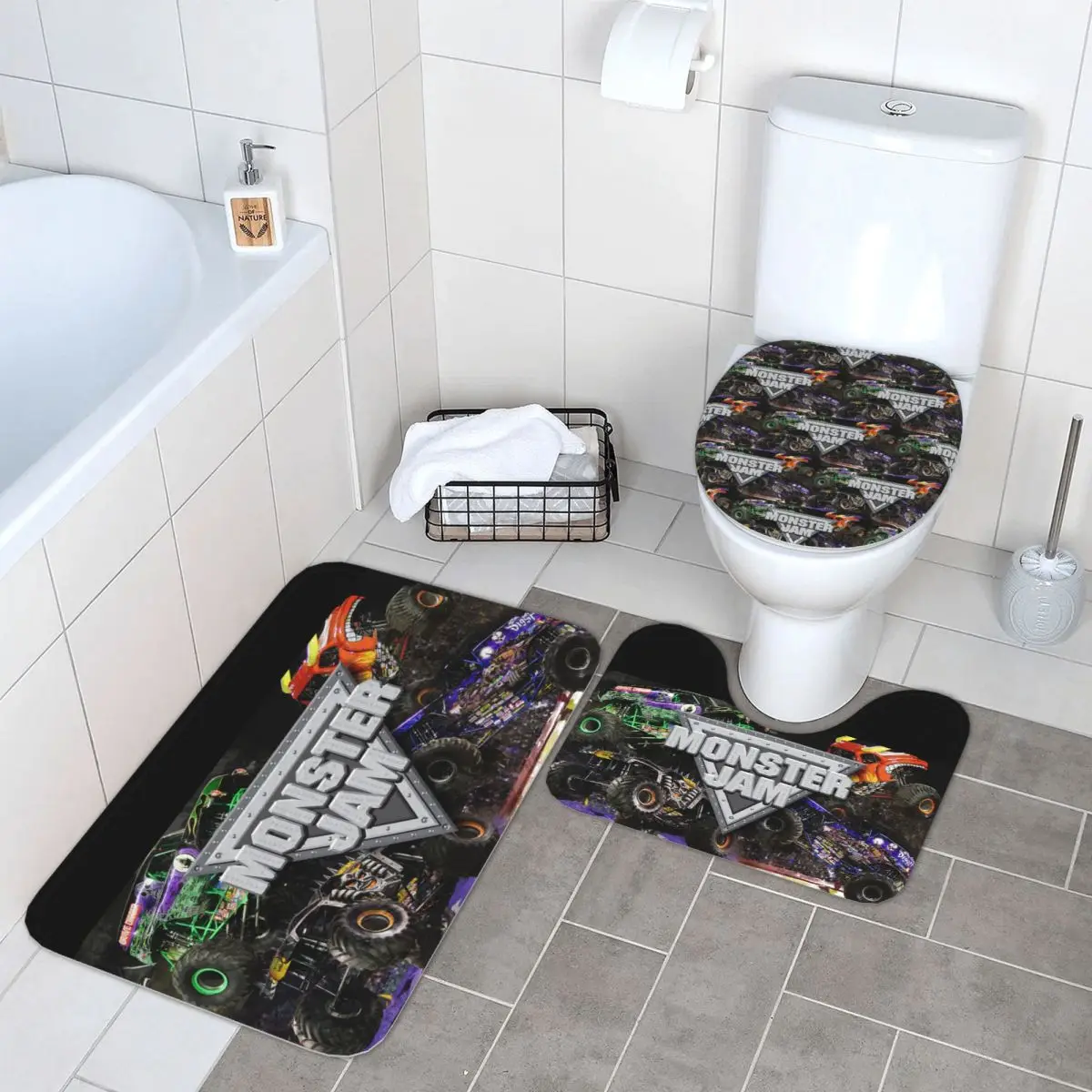 

Classic Monster Jam Pattern 3 Pcs Bath Mat Bathroom Set Toilet Lid Cover Home Decor Non-Slip Carpet Floor Rug